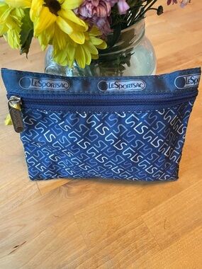 Lesportsac Navy and White Logo Print Cosmetic Pouch